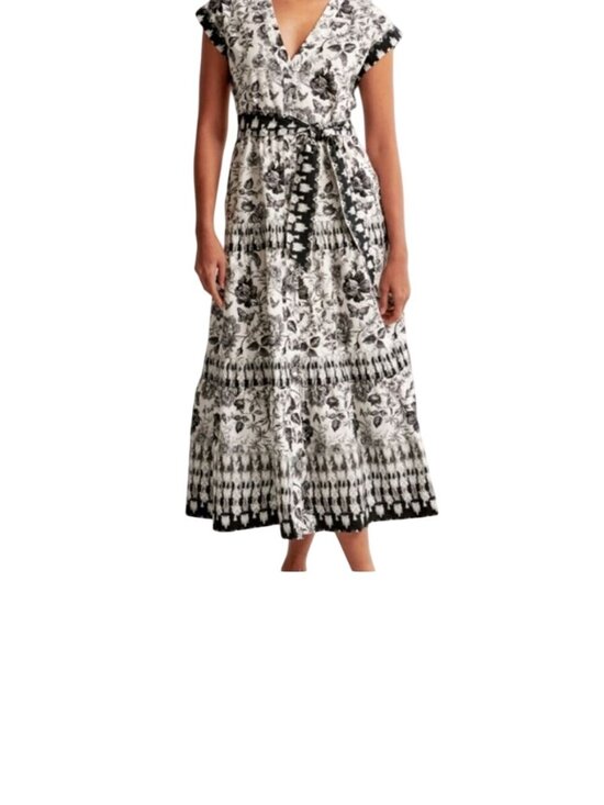 Abercrombie & Fitch Dresses & Skirts - Abercrombie & Fitch Womens Floral Black White Maxi Dress Belted Waist Large Tall